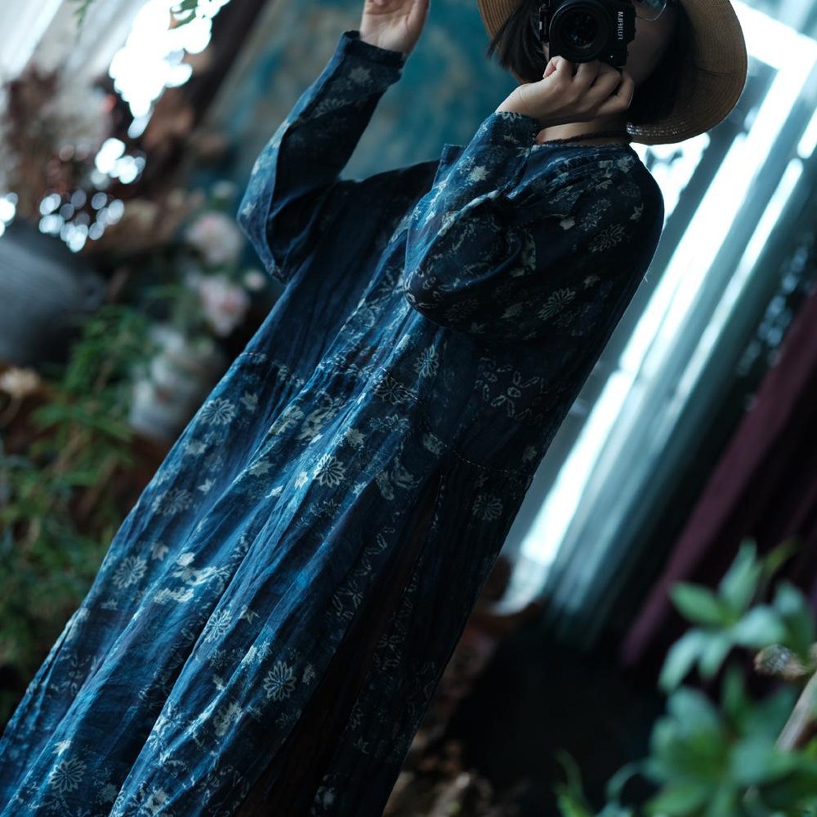 Indigo Nocturne Çiçekli Keten Kaftan Elbise 8
