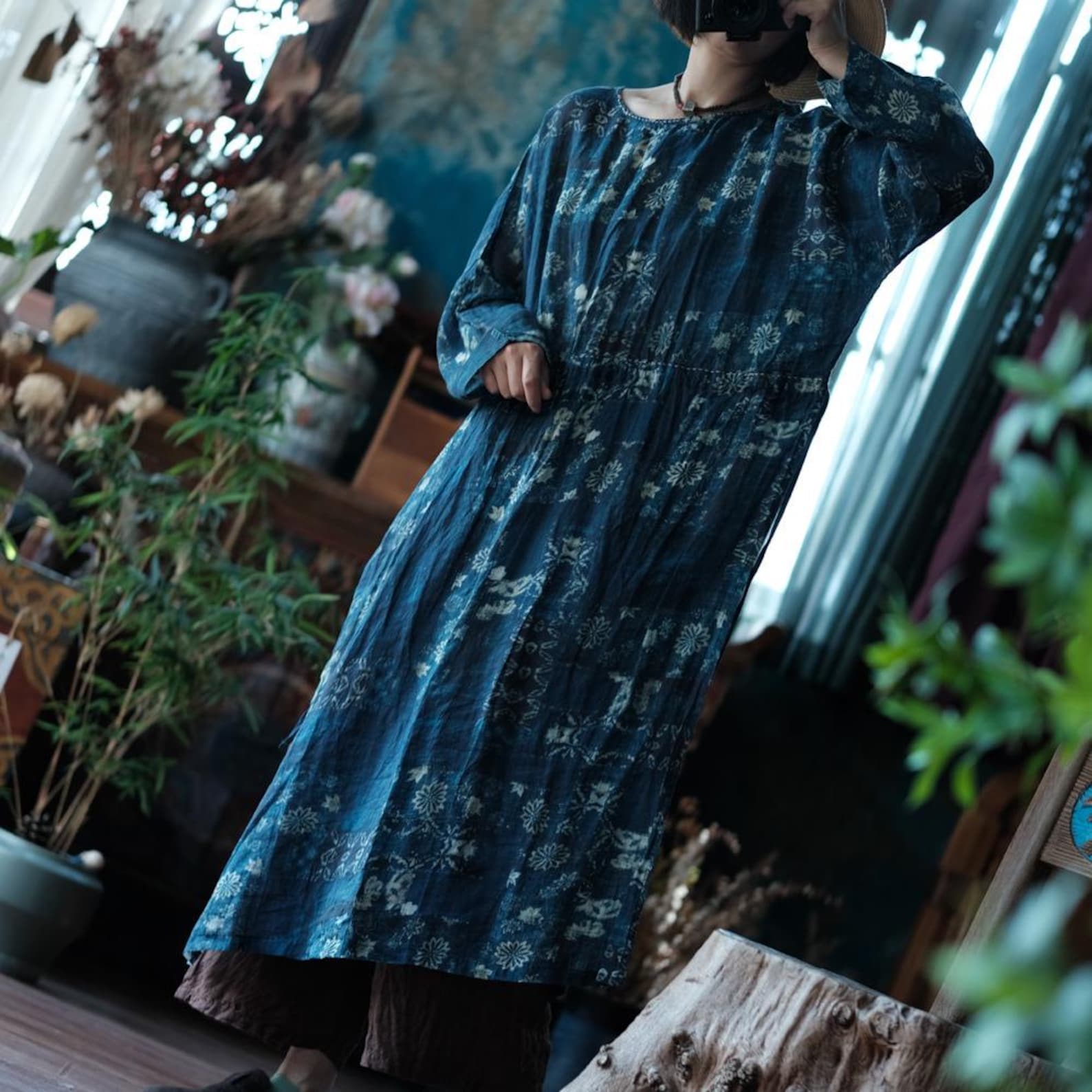 Indigo Nocturne Çiçekli Keten Kaftan Elbise 9