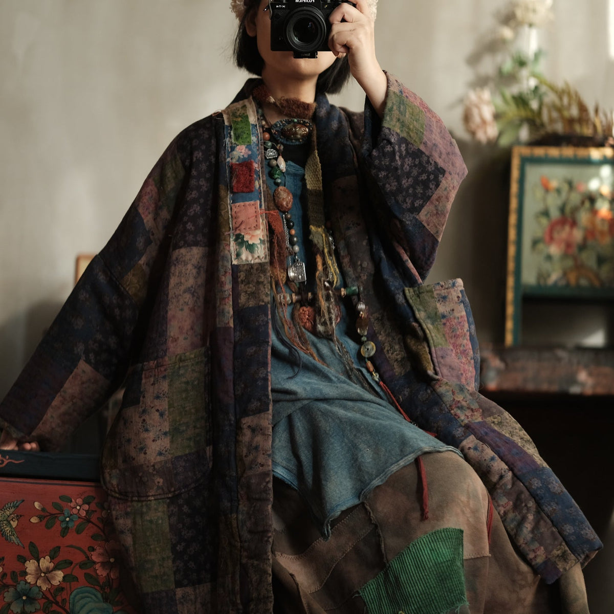 Meadow Patchwork Keten Uzun Kaban