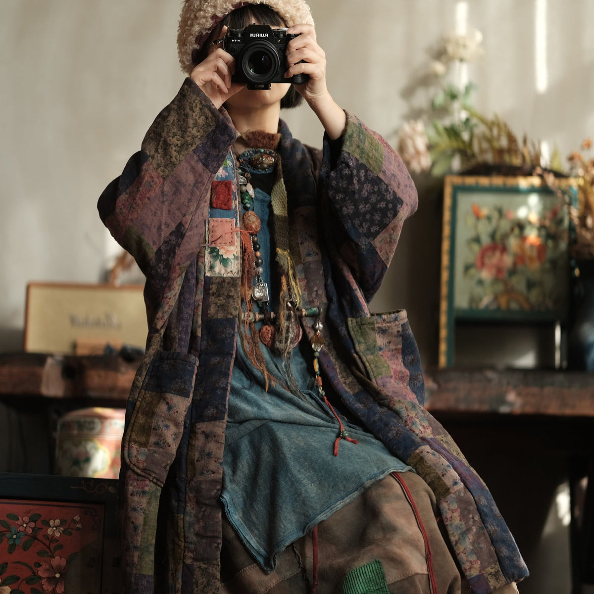 Meadow Patchwork Keten Uzun Kaban