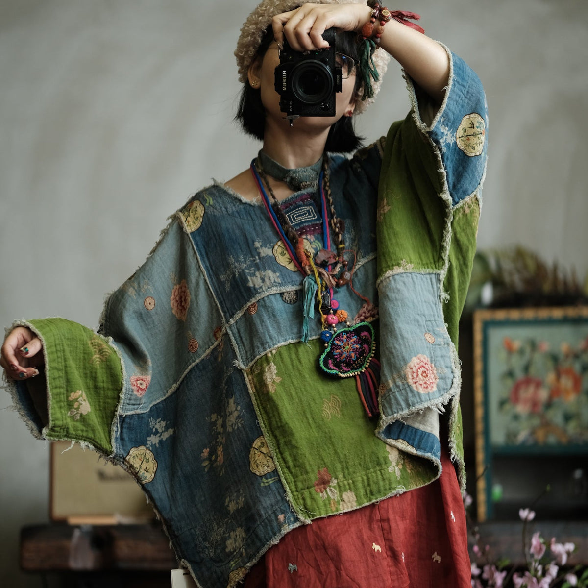 Moss Tide Patchwork Pamuk Bluz