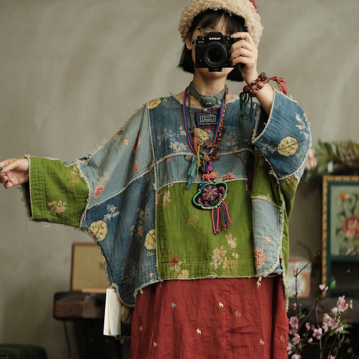Moss Tide Patchwork Pamuk Bluz