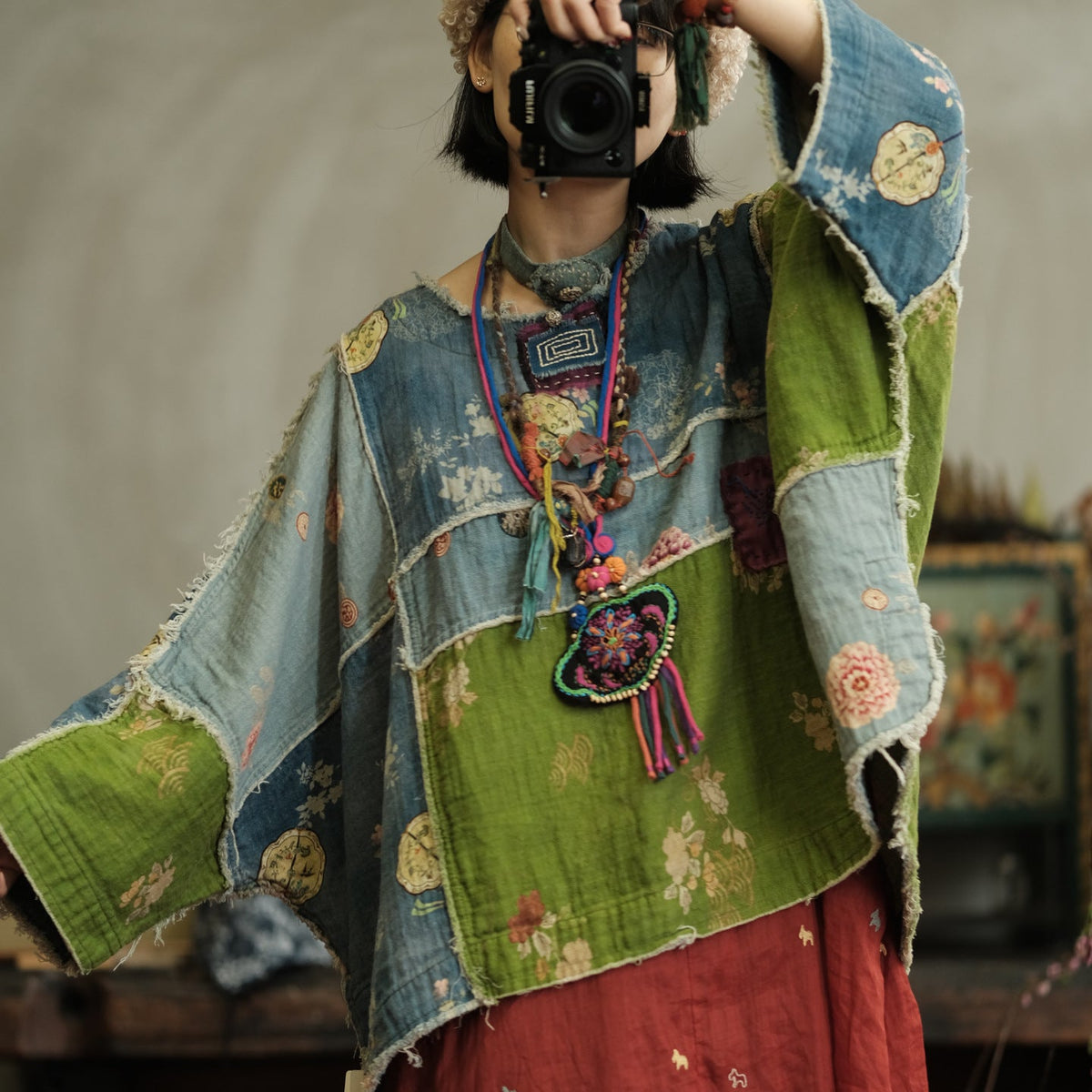 Moss Tide Patchwork Pamuk Bluz