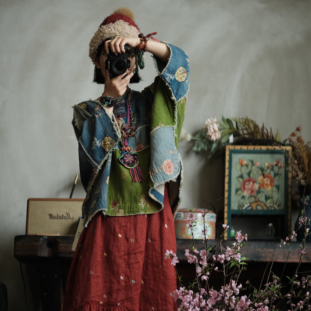 Moss Tide Patchwork Pamuk Bluz