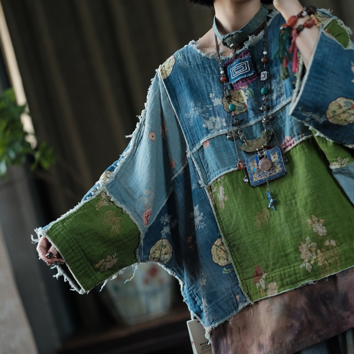 Moss Tide Patchwork Pamuk Bluz