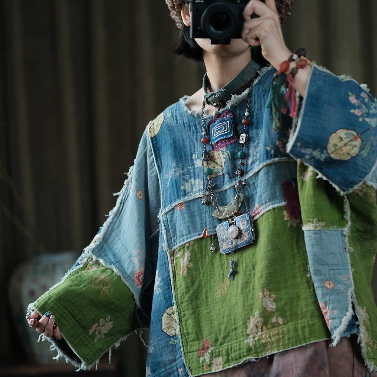 Moss Tide Patchwork Pamuk Bluz
