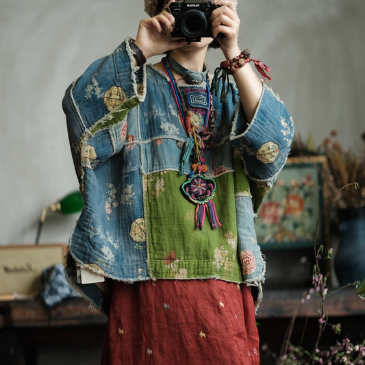 Moss Tide Patchwork Pamuk Bluz