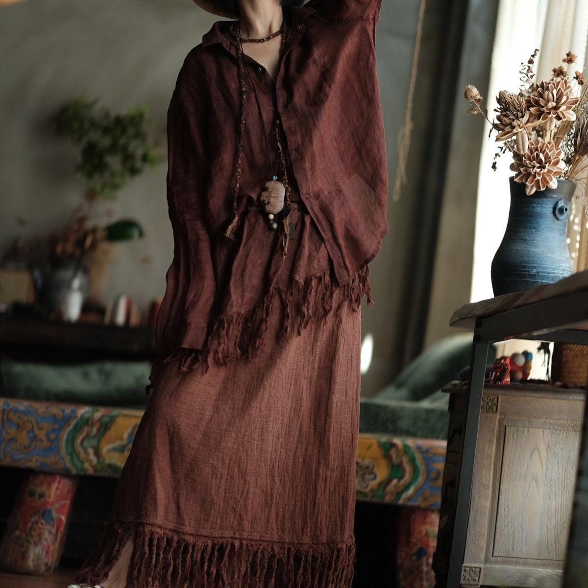 Terracotta Nomad Püsküllü Pamuk-Keten Midi Etek