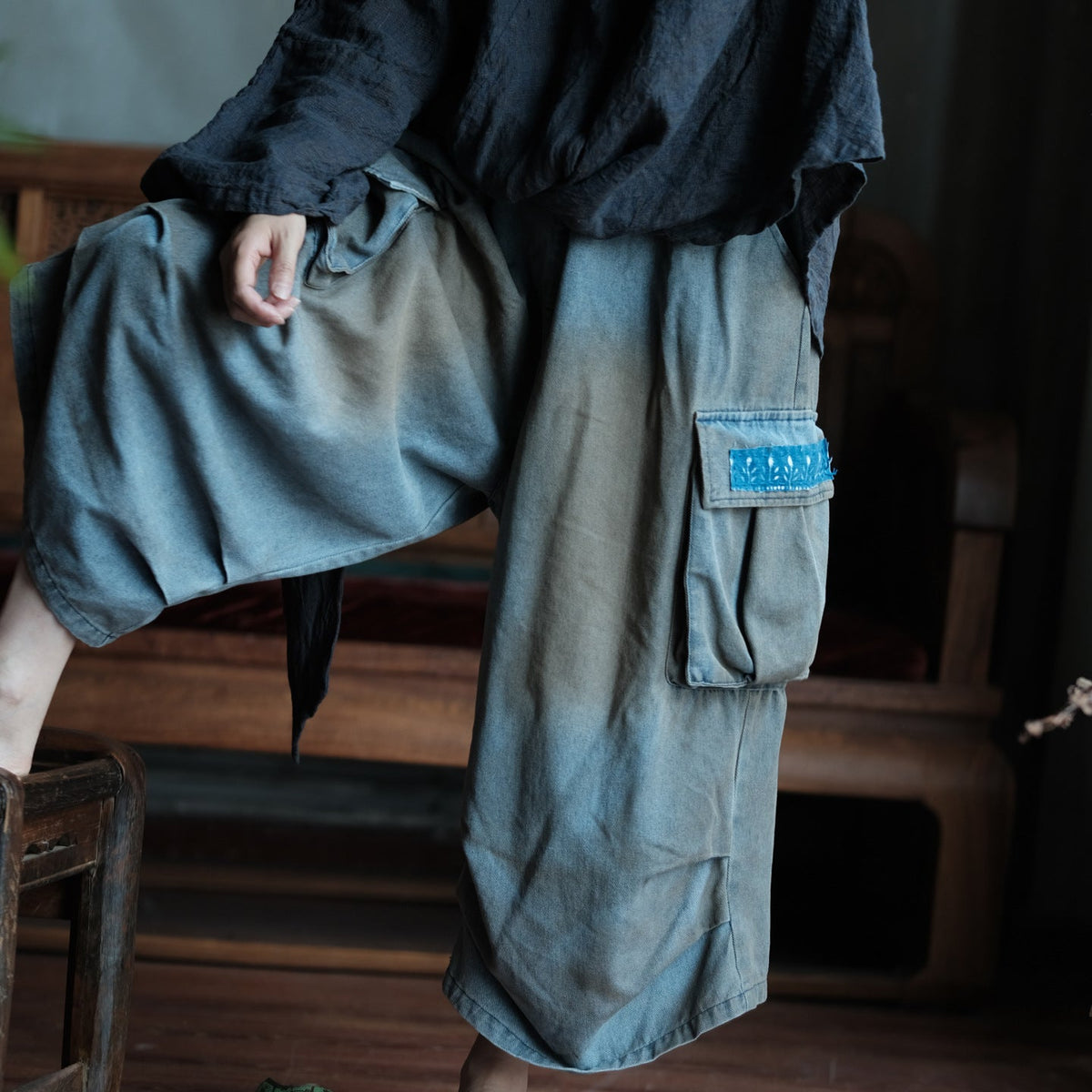 Washed Tide Patchwork Denim Pantolon